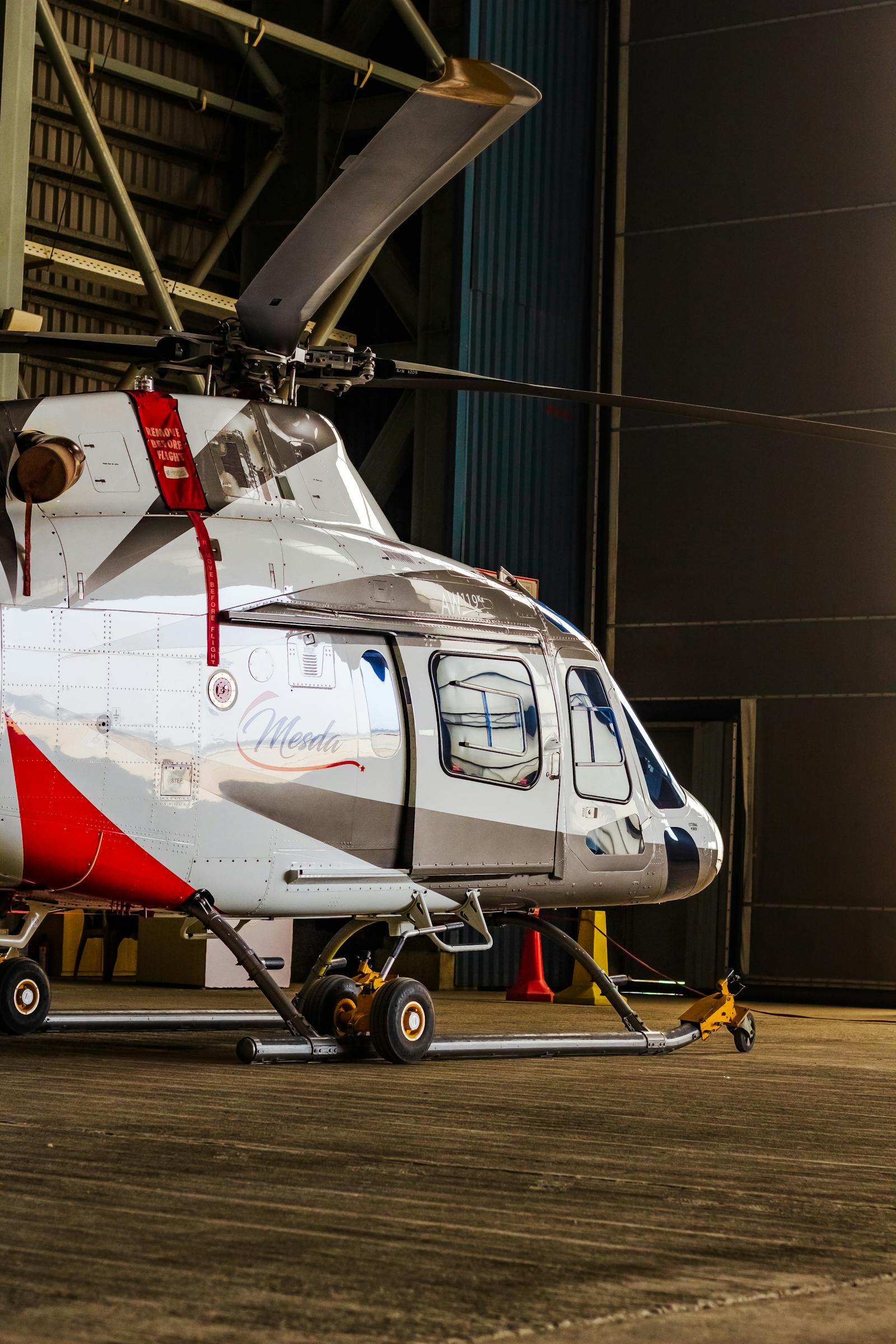 Helicopter in a maintenance hangar